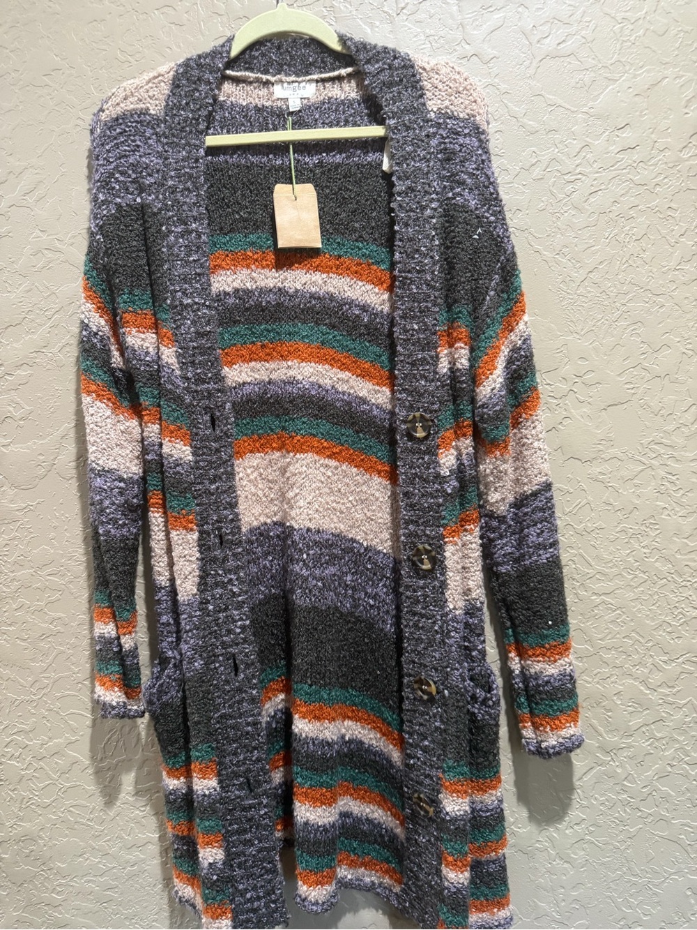 Umgee Striped Open-Front Long Cardigan in Gray, Cream, Teal & Orange
